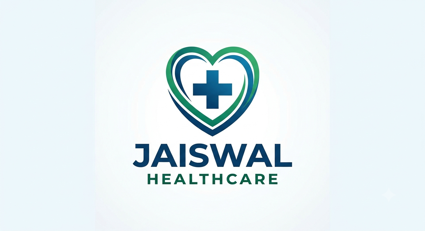 Green heart and stethoscope logo beside the text Jaiswal Healthcare with the tagline Your Health, Our Priority on a white background, conveying a calm professional caring tone